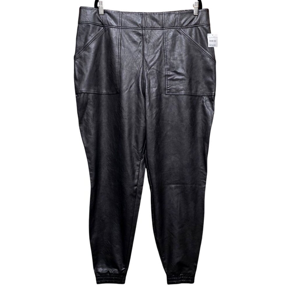 Nordstrom Faux Leather Jogger Pants 3X Noir Black Plus Size Women's Elastic Wais - Picture 2 of 11